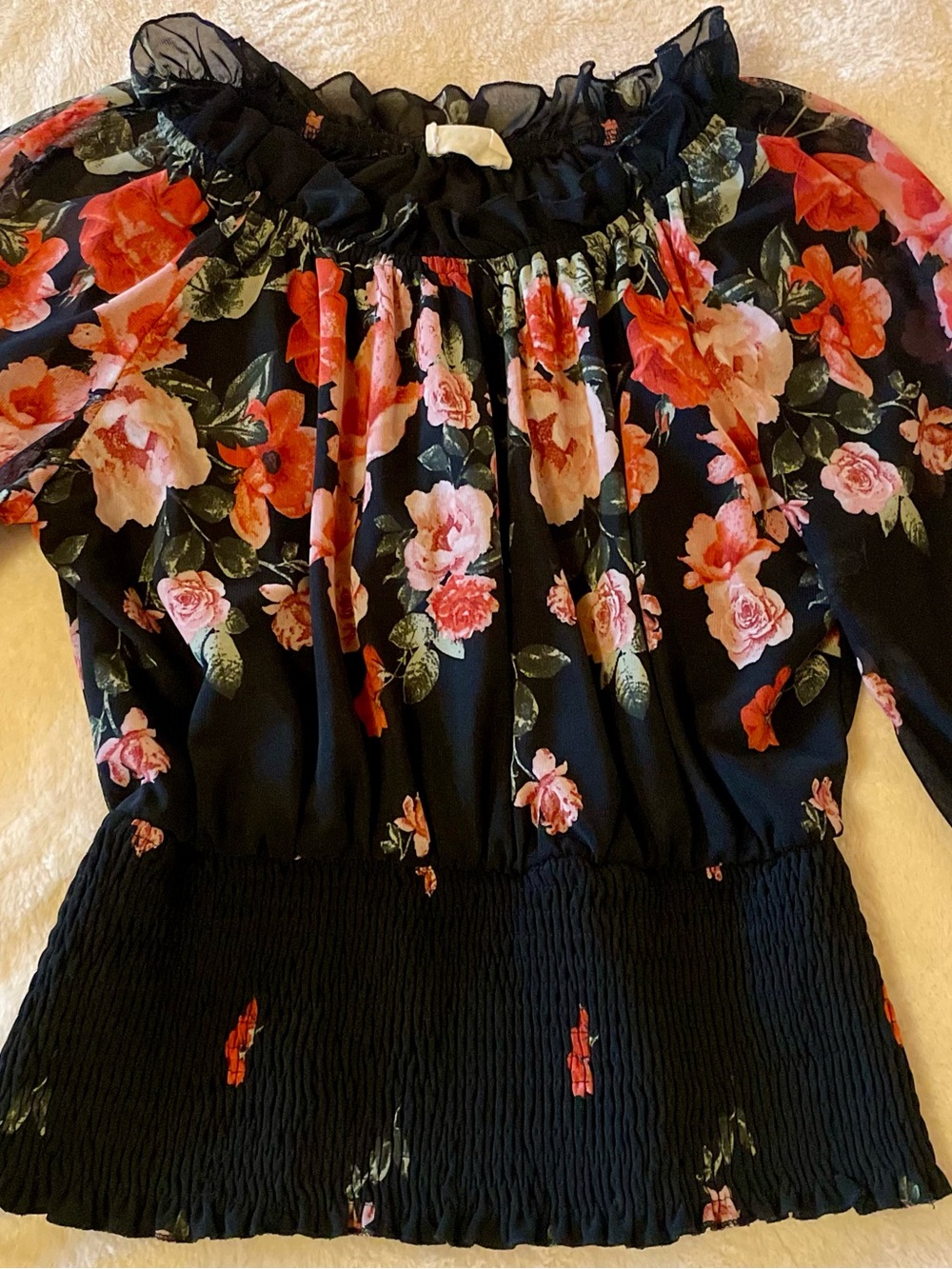 Floral Off-Shoulder Blouse in Black and Pink